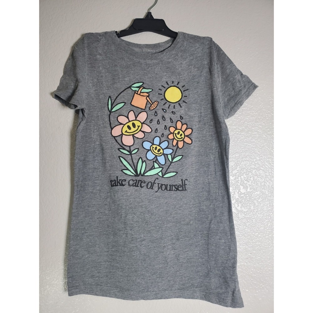 Aeropostale Gray Graphic T-Shirt Small Take Care Of Yourself Smiley‎ Flowers Tee